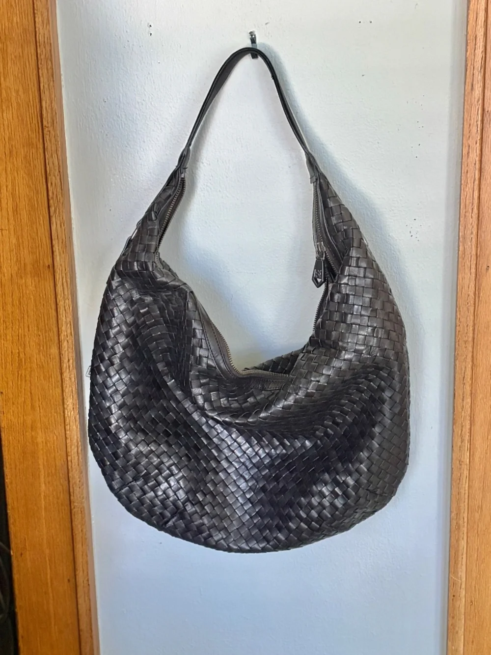 Christopher Kon Black Leather Woven Slouchy Shoulder Hobo Bag Tote Purse Designe